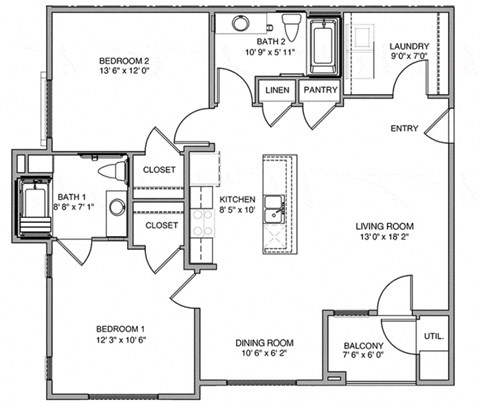 Floor plan for 2 beds, 2 baths, 1188 sqft